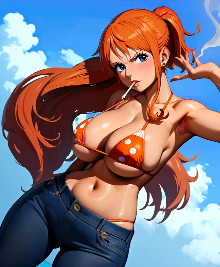 a cartoon picture of a woman in a bikini top and jeans, nami one piece, nami from one piece, nami, beautiful portrait of nami, from one piece, oppai, blue eyes, smoking, ponytail, nsfw