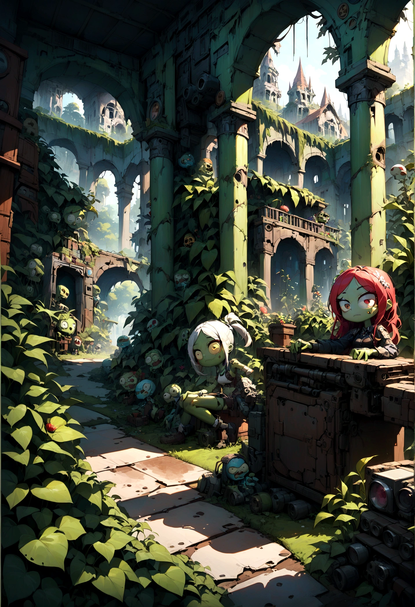 Plants vs. Zombies, detailed plants vs zombies, botanical garden, overgrown greenery, nature vs technology, vibrant colors, lush foliage, decaying ruins, post-apocalyptic, dark fantasy, cinematic lighting, dramatic shadows, highly detailed, intricate textures, 8k, masterpiece, best quality, very aesthetic, absurdres