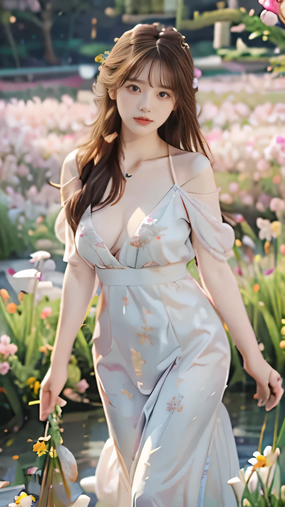 22 years Beautiful korean Girl, masterpiece, best quality, official art, extremely detailed CG unity 8k wallpaper, Ray Tracing, highly detailed, absurdres, Panorama, Depth of field, telephoto lens, angel, looking afar, looking to camera man, in spring, sunset, rainbow, (((flower field))), (((flower sea))), Tyndall effect, 100% Realistic, ((Realistic)), (paper figure),((impasto)),(shiny skin), (water color),bloom effect,detailed beautiful grassland with petal,flower,butterfly,necklace,smile,petal, Evening  Embroidered Rose Bud Silk Gauze Dress, Perfect body figure, Beautiful Smile, Beautiful Breast, Nice figure, a little bit closer view, Cinematic photography, Sexy angles, Stylish poses, perfect eyes 