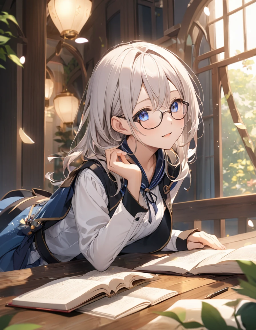 Faithfully reproduce the action of wearing glasses, Magical Moments, rest 視聴者に顔を向けて上目遣いで機嫌を伺う表情, rest, Clear and charming eyes, rest (Side dynamic shooting:1.1, Eye level shot),