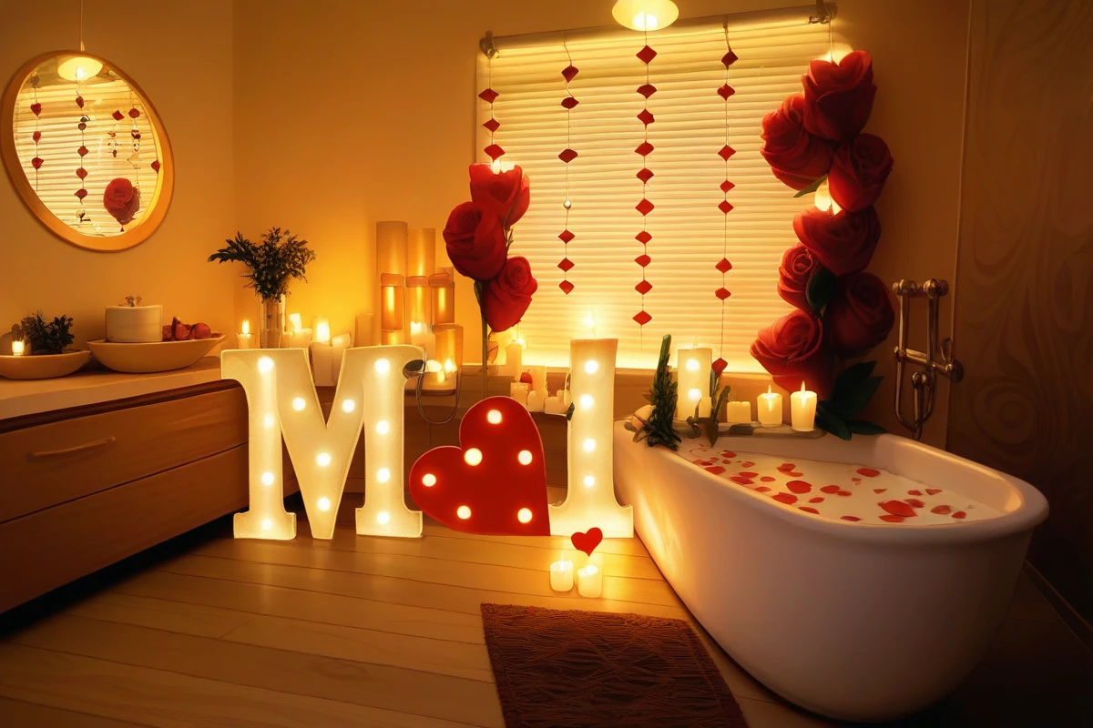 there is a bathtub with a large letter and a lot of lights, romantic themed, romantic ambiente, romantic atmosphere, romantic lighting, romantic light, romantic!!!, decoration around the room, very romantic, warm glow from the lights, bathed in the the glow, room full of candles, dreamy and romantic, beautiful ambiance, magical scene, indoor soft lighting