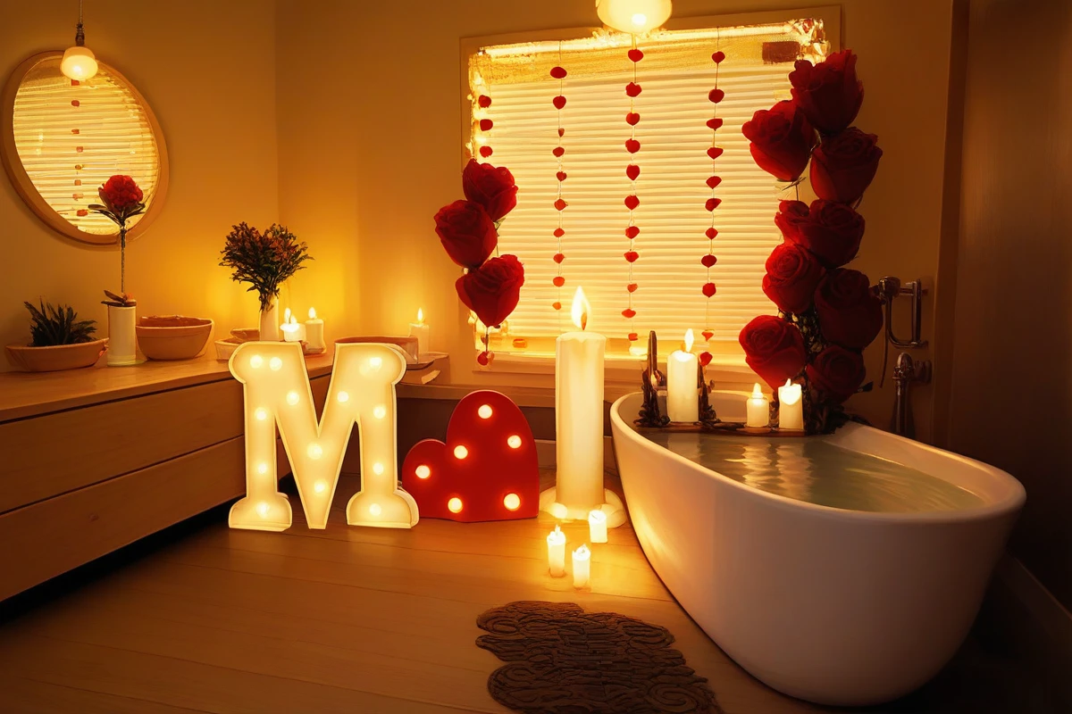 there is a bathtub with a large letter and a lot of lights, romantic themed, romantic ambiente, romantic atmosphere, romantic lighting, romantic light, romantic!!!, decoration around the room, very romantic, warm glow from the lights, bathed in the the glow, room full of candles, dreamy and romantic, beautiful ambiance, magical scene, indoor soft lighting