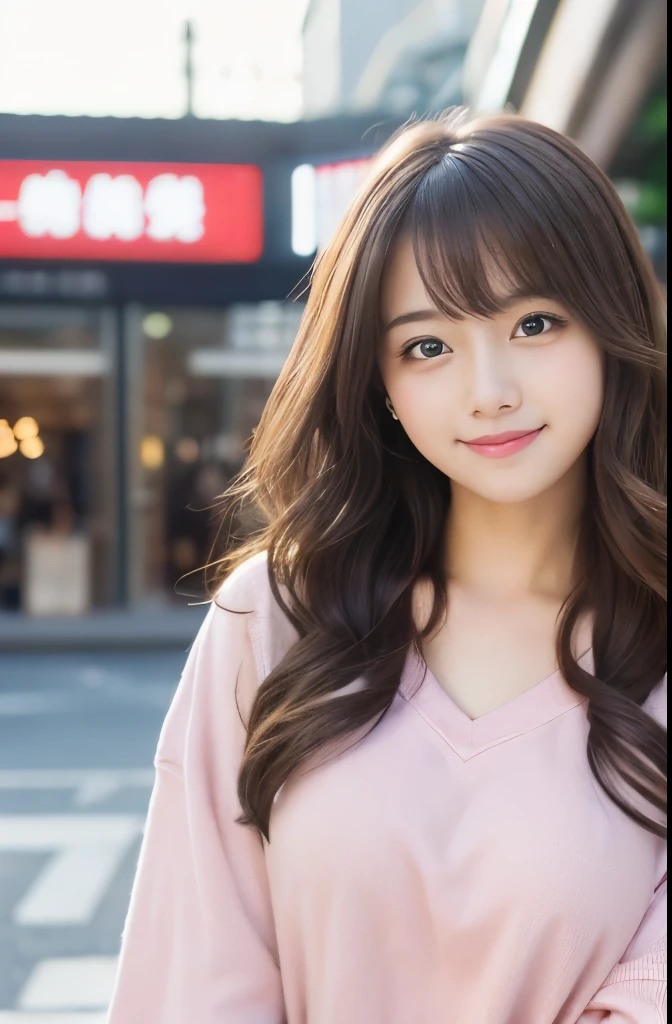 (masterpiece:1.2,Highest quality),Blur the background,1 female college student,((Cute casual clothes)),((Gravure pose)),Wavy Hair,((Beautiful Eyes)),Blushed Cheeks,Healthy Skin,(smile),(Shinjuku Date),8K resolution