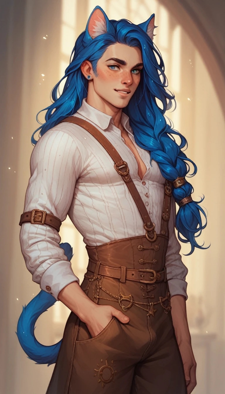 man a male teenager with a cat's tail and blue ears and a feminine and delicate build with long hair covering his ears in medieval clothing of a fantasy miner