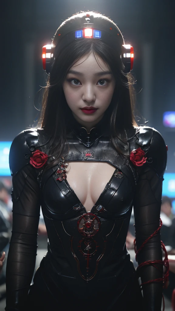 (기계1 girl과 외계인 1명)、(mystical expression)、top quality、masterpiece、Super high resolution、(realistic:1.4)、((heavy chest)),raw photo、1 girl、shiny skin、(((1 Mechanical Girl)))、((transparent crystal suit bodysuit、the body can see through)).(natural alien background to fight aliens)、(Compact LEDs)、((매우 realistic 디테일))),world lights、shadow、octane render、8K、very sharp、desk person background、giant 、Raw skin exposed in cleavage、red metal、Details of intricate ornaments、Japan Details、very intricate details、realistic light、(mystical expression),CG Society Trenlow Eyes、Shining eyes towards the camera、Mechanical peripheral blood vessels connected to tubes with neon details)、(Wires and cables connected to the head)、Compact L,mechanical thighs、Two-Stock、(Hands were also made by machines)、、alien from the future、Please wear a mechanical helmet.、