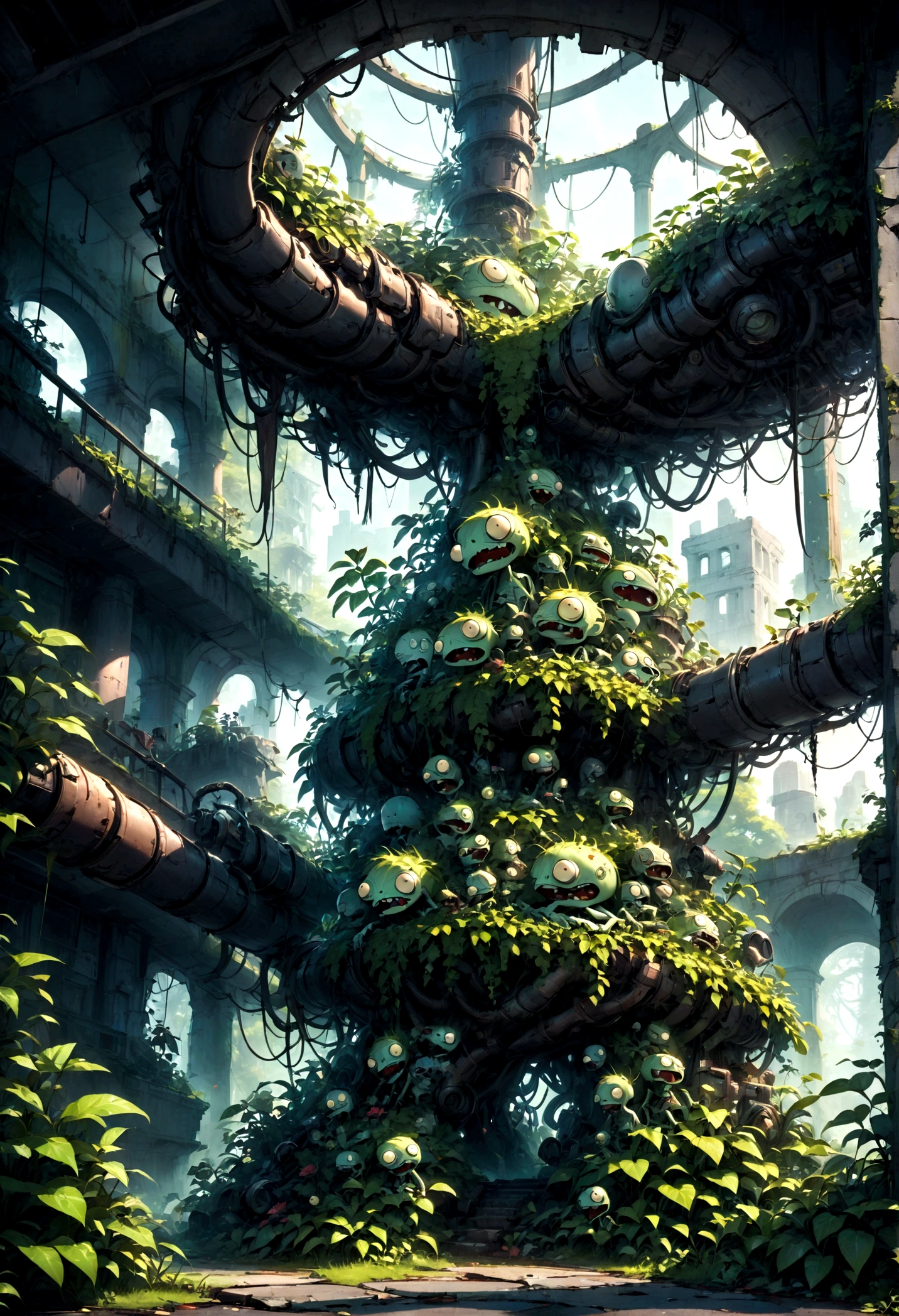 Plants vs. Zombies, detailed plants vs zombies, botanical garden, overgrown greenery, nature vs technology, vibrant colors, lush foliage, decaying ruins, post-apocalyptic, dark fantasy, cinematic lighting, dramatic shadows, highly detailed, intricate textures, 8k, masterpiece, best quality, very aesthetic, absurdres