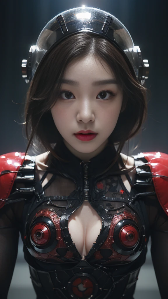 (기계1 girl과 외계인 1명)、(mystical expression)、top quality、masterpiece、Super high resolution、(realistic:1.4)、((heavy chest)),raw photo、1 girl、shiny skin、(((1 Mechanical Girl)))、((transparent crystal suit bodysuit、the body can see through)).(natural alien background to fight aliens)、(Compact LEDs)、((매우 realistic 디테일))),world lights、shadow、octane render、8K、very sharp、desk person background、giant 、Raw skin exposed in cleavage、red metal、Details of intricate ornaments、Japan Details、very intricate details、realistic light、(mystical expression),CG Society Trenlow Eyes、Shining eyes towards the camera、Mechanical peripheral blood vessels connected to tubes with neon details)、(Wires and cables connected to the head)、Compact L,mechanical thighs、Two-Stock、(Hands were also made by machines)、、alien from the future、Please wear a mechanical helmet.、