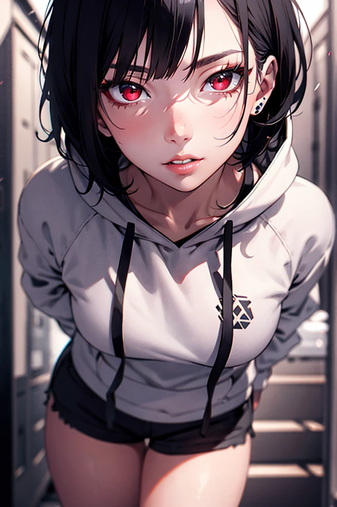 a woman with short black hair, beautiful detailed eyes, beautiful detailed lips, extremely detailed face, longeyelashes, wearing a hoodie , shorts, red eyes, smoking a cigarette,hyperrealistic, 8k, best quality, photorealistic, highly detailed, studio lighting, professional, vivid colors, intricate details