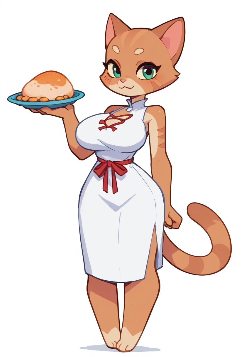The Q version of the cute furry cat, thick boddy, thick, seductive, seductive pose, seductive expression, tall, sexy, sexy pose, sexy expression, hot look, anthro, female cat, big breasts, hips, female body, woman, female, dress, paws, beans, white background