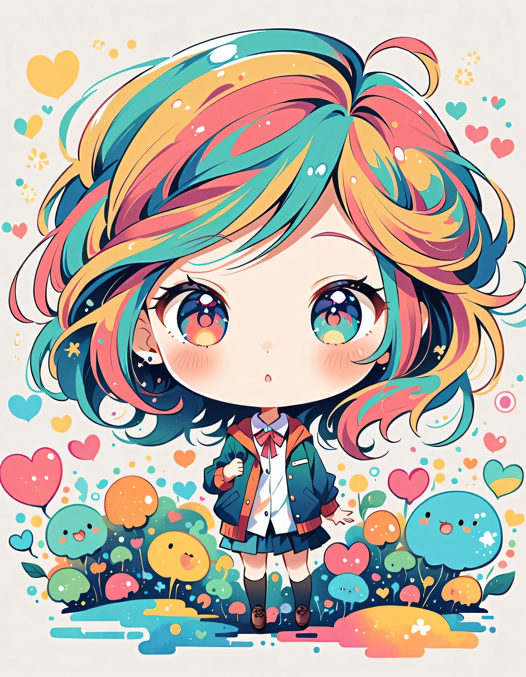 Mai Yoneyama style, Simple Line Initialism，Abstract art，Urban Background, colorful hearts ,(((The most beautiful girl of all time))), (((chibi))), (((Cute amoeba))), school room