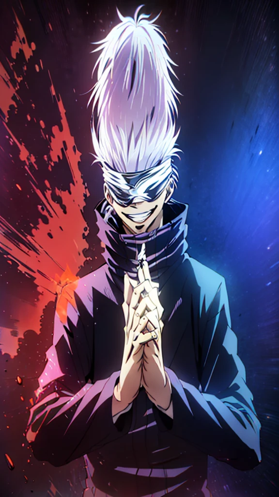 (tmasterpiece, beste-Qualit: 1.2), male focus, 1boy, Gojo Satoru, ssmile, hands in pocket, blindfold, black jacket, (Masterpiece:1.3),(Best Quality:1.2),8K,absurdress,Unity 8K WallPapper,(Extremely detailed:1.3),supreme, hight resolution, Amazing, illustartion, Beautiful studio soft light, Stunningly beautiful, incredibly absurdres, Vivid details, Cinematic lighting, moody lighting, pixiv, Award-winning, Professional, Highly detailed, Gojo1, solo, looking a viewer, Smile, Short hair, long sleeves, 1boy, Standing, jacket, upper-body, white colored hair, male focus, Hand Up, grin, spiked hair, facing viewer, (red background:1.1), high collar, blindfold, (Magic:1.3), (Aura:1.3), covered eyes,
