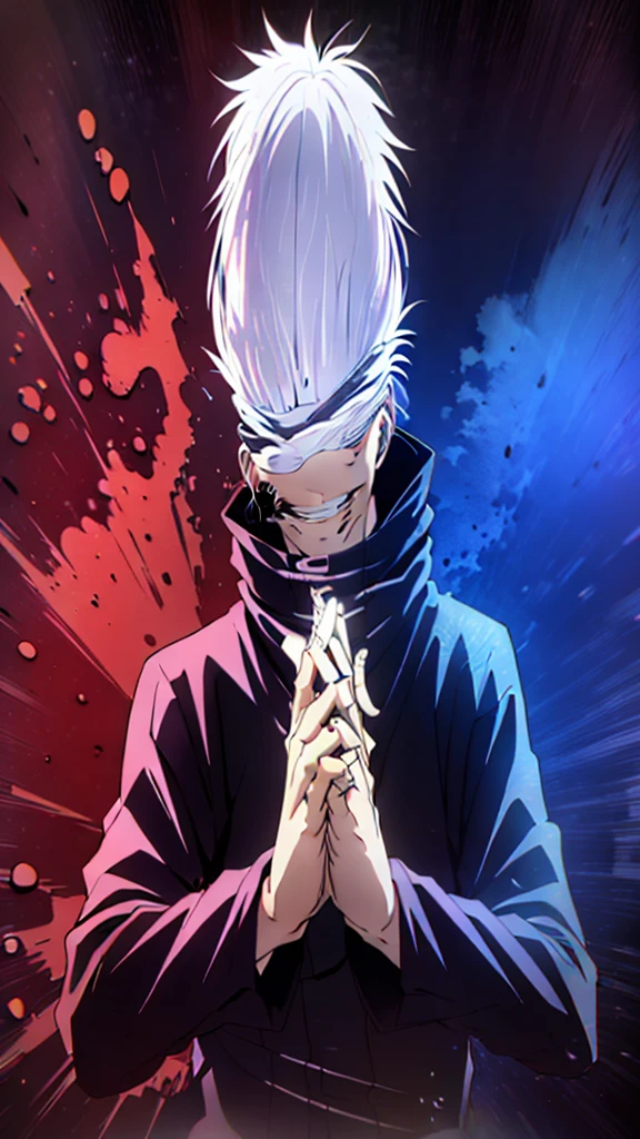 (tmasterpiece, beste-Qualit: 1.2), male focus, 1boy, Gojo Satoru, ssmile, hands in pocket, blindfold, black jacket, (Masterpiece:1.3),(Best Quality:1.2),8K,absurdress,Unity 8K WallPapper,(Extremely detailed:1.3),supreme, hight resolution, Amazing, illustartion, Beautiful studio soft light, Stunningly beautiful, incredibly absurdres, Vivid details, Cinematic lighting, moody lighting, pixiv, Award-winning, Professional, Highly detailed, Gojo1, solo, looking a viewer, Smile, Short hair, long sleeves, 1boy, Standing, jacket, upper-body, white colored hair, male focus, Hand Up, grin, spiked hair, facing viewer, (red background:1.1), high collar, blindfold, (Magic:1.3), (Aura:1.3), covered eyes,