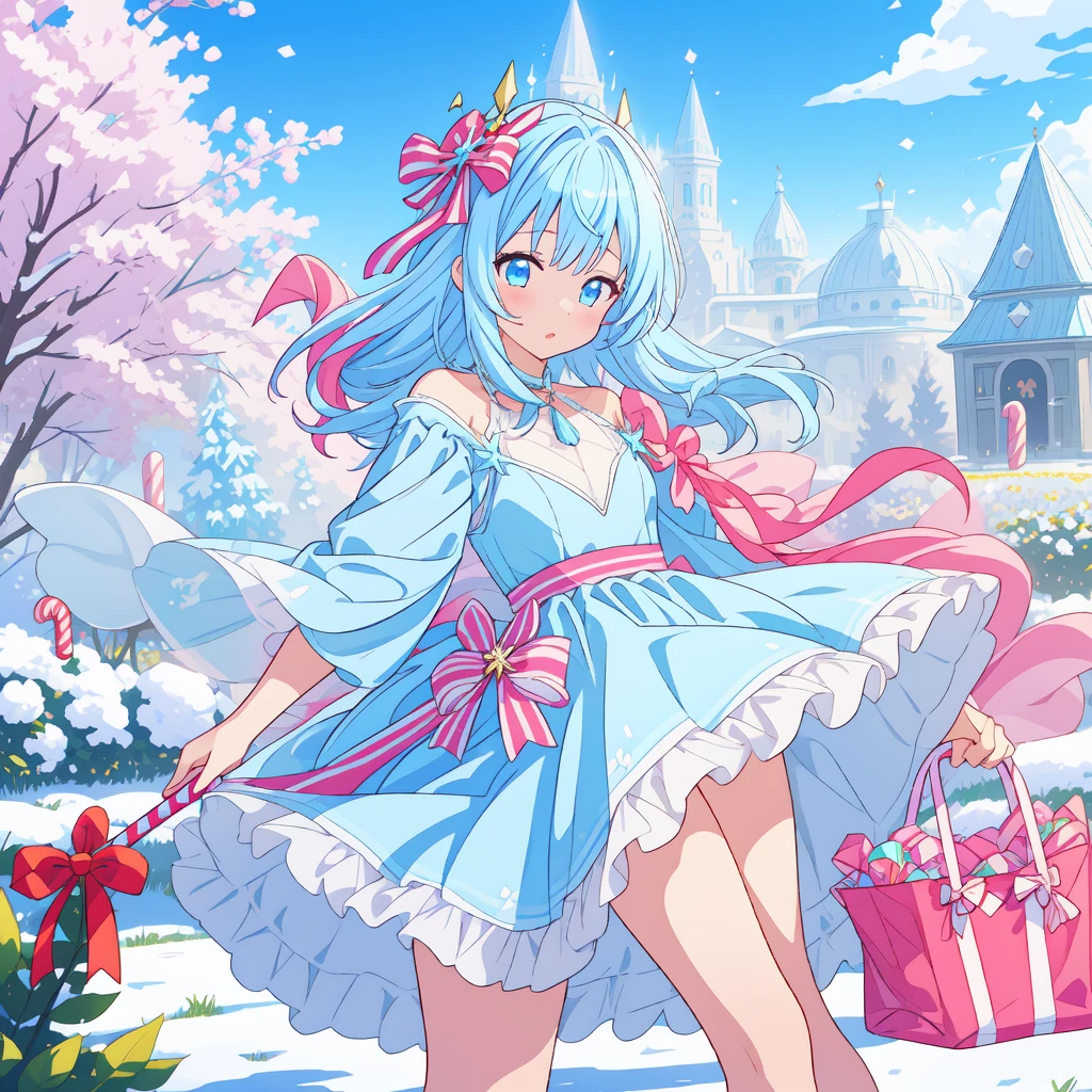 Wat, lots of candy, Lonely city, candycanes, ice、 candy, (a field of candy), One girl, iceの女王、Light blue dress, A Sceptor of Koori