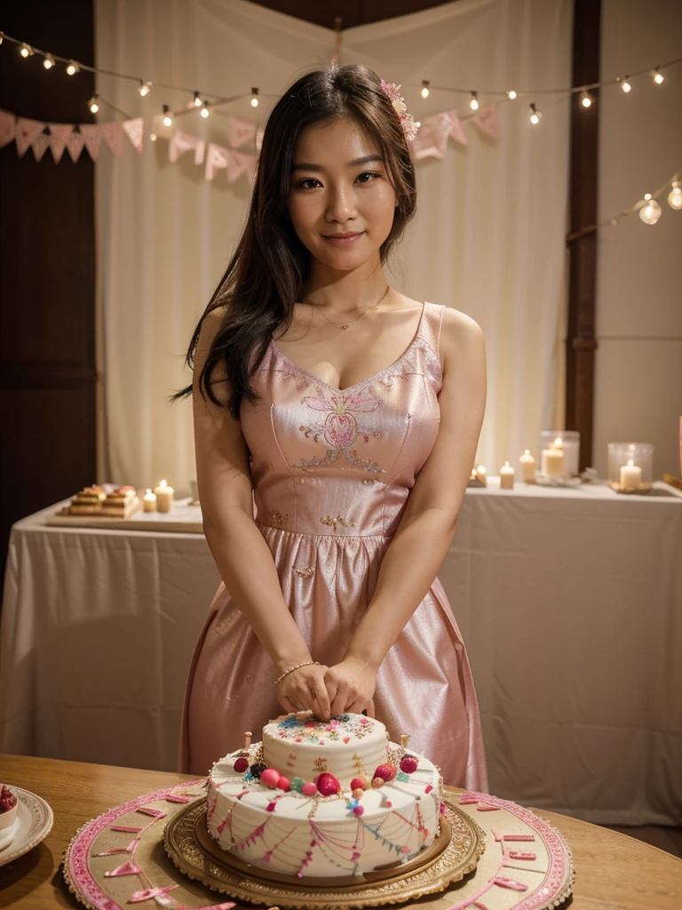 beautiful Asian woman, 30 years old, wearing a pink colored birthday dress, intricate design, looking elegant, smiling slightly, next to a birthday cake, decorated with 30 candles, awesome birthday decorations behind her and label says happy birthday, several small light bulbs, volumetric lighting, UHD , highly detailed, ornate details, masterpiece, top quality, Professional photography, bokeh, natural lighting, canon lens, shot on dslr 64 megapixels sharp focus