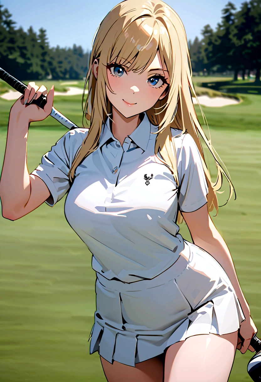 sound　High resolution　The beauty of 8k　Woman playing golf　Golf course　Beautiful woman　semi-long　blonde　white　Golf Wear　mini skirt　smile　　Looking into the camera　nice shot