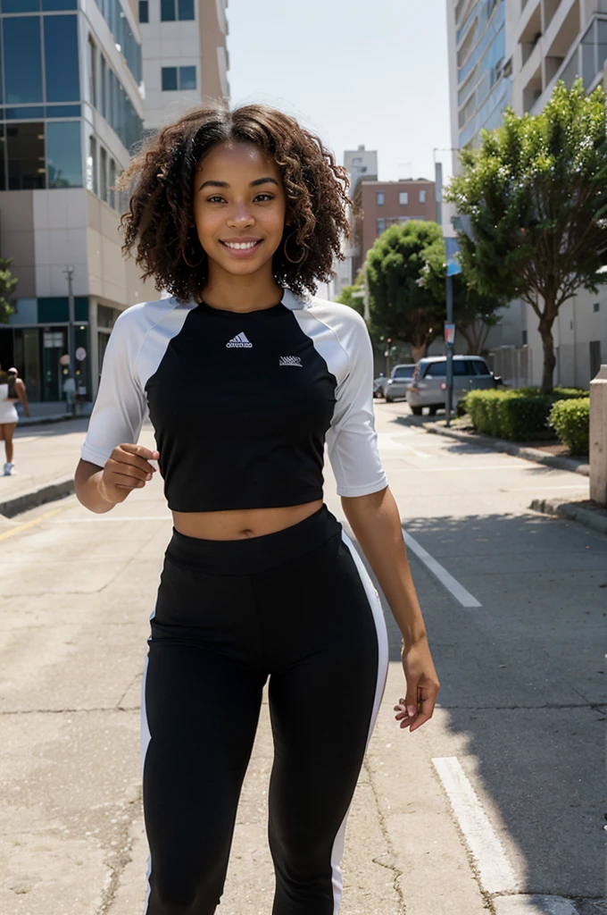 A 20-year-old mixed-race African-American black girl with very light skin and an athletic body., skinny curly hair mid length, a luminous complexion and soft features. She is wearing a modern sports outfit and standing in an urban environment. She has a confident look and a welcoming smile.."