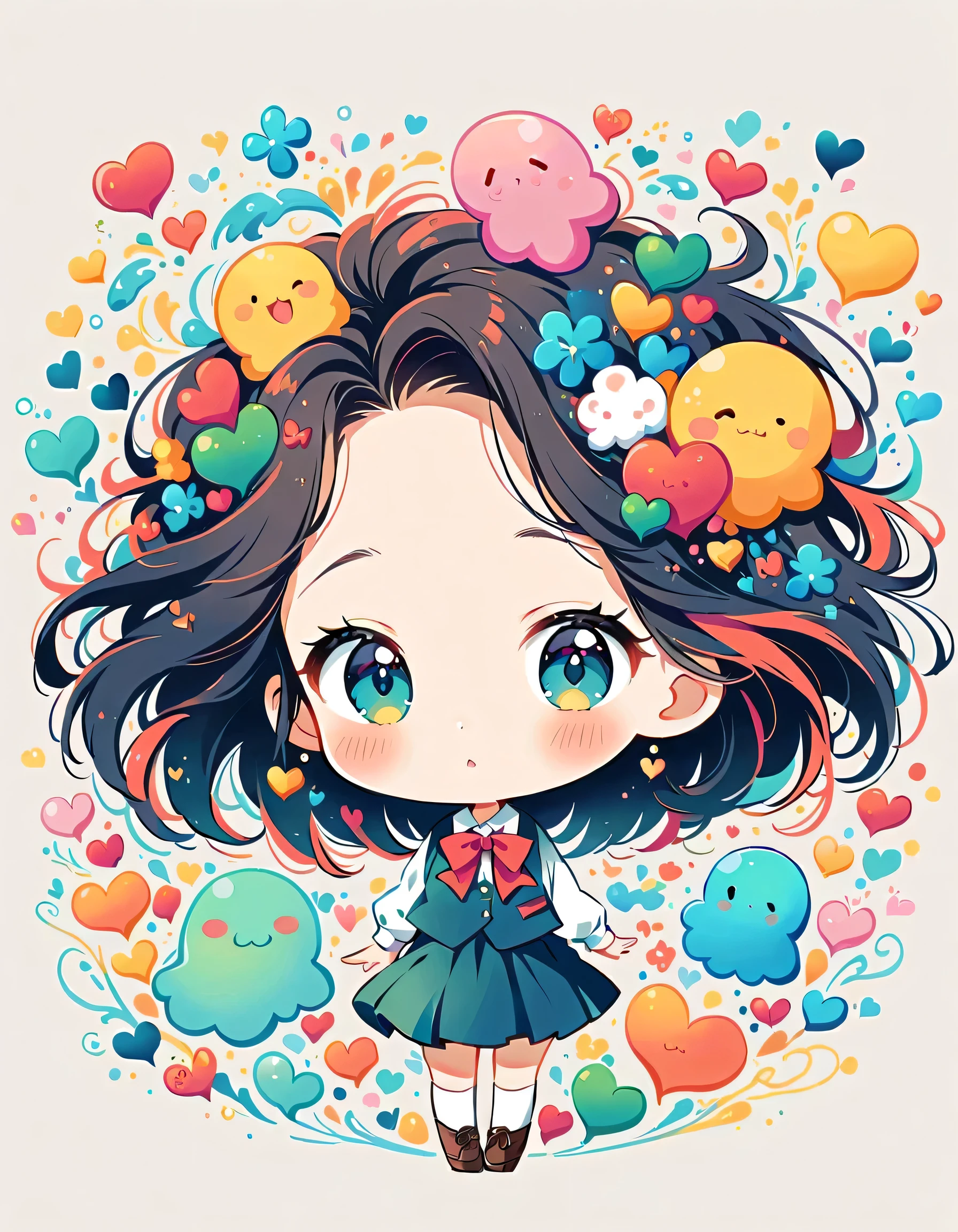 Mai Yoneyama style, Simple Line Initialism,Abstract art,Urban Background, colorful hearts ,(((The most beautiful girl of all time))), (((chibi))), (((Cute amoeba))), school room