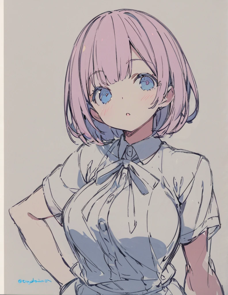 Blue-eyed busty junior high school girl　ピンク色のshort bob　sketch