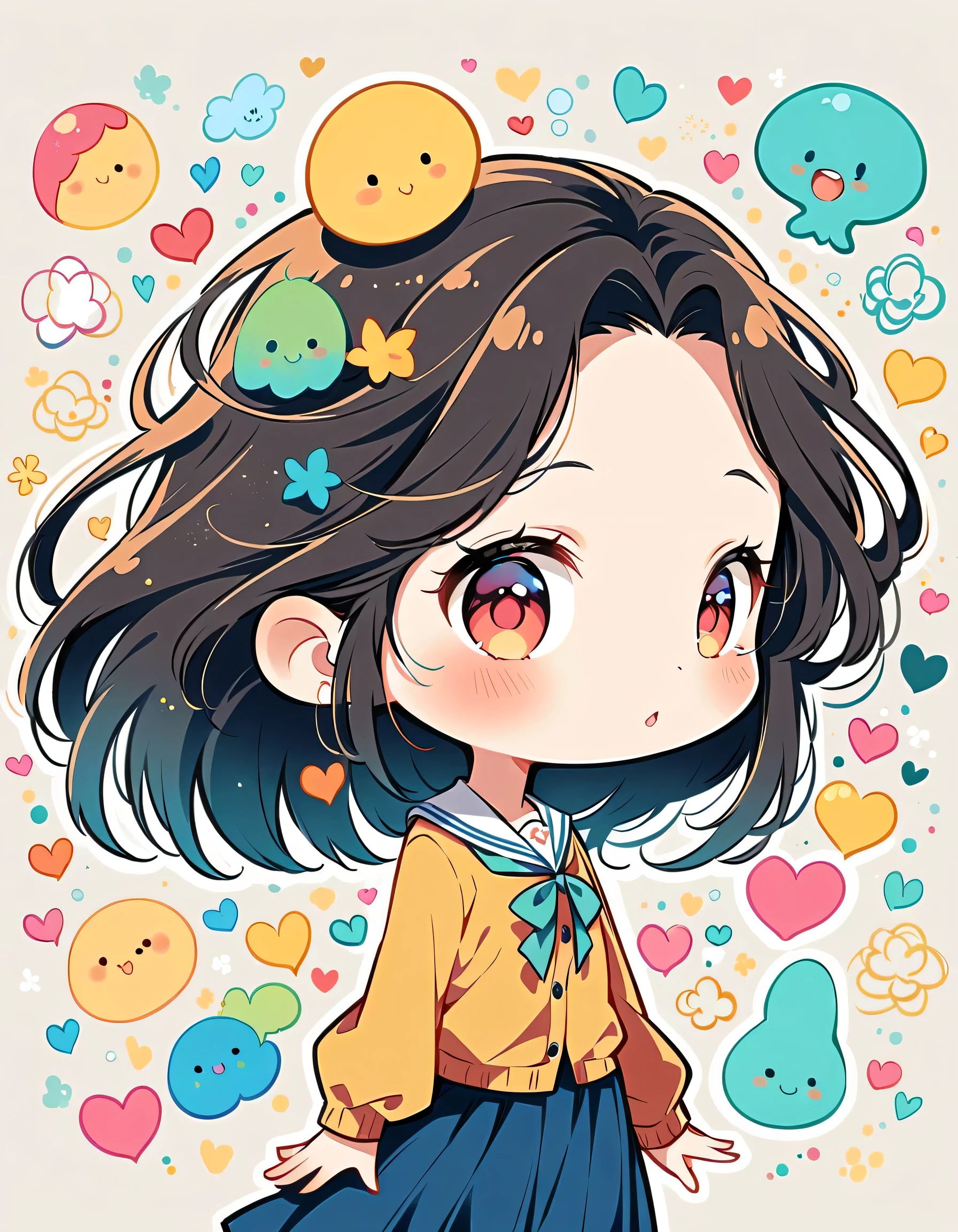 Mai Yoneyama style, Simple Line Initialism,Abstract art,Urban Background, colorful hearts ,(((The most beautiful girl of all time))), (((chibi))), (((Cute amoeba))), school room