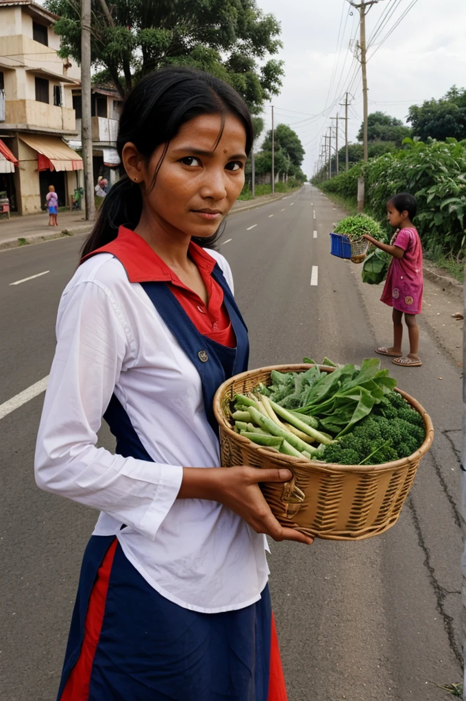 A poor woman selling vegetables on the road along with many children.