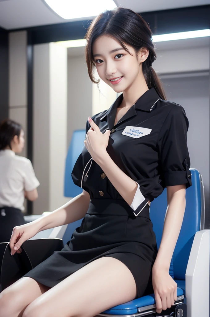 Highest quality、8K、Best image quality、Award-winning works、Korean、（2 girl :1.5）、solo、Beautiful skin with a radiant glow、masterpiece、Top quality、Ultra-high definition、Depth of Field、Lens flare、、black hair、Gaze at the audience、Medium chest、Airline stewardess、（blue Airline stewardess：1.3）、shirt、Short ivory skirt、（Black YSL heels）、Perfect legs、Model pose、Smile。