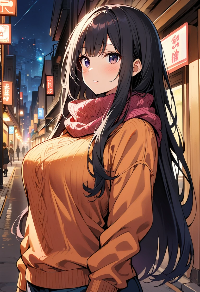 1woman, long hair, black hair, black eyes, scarf, night view, street,(knit sweater),(big breasts),
