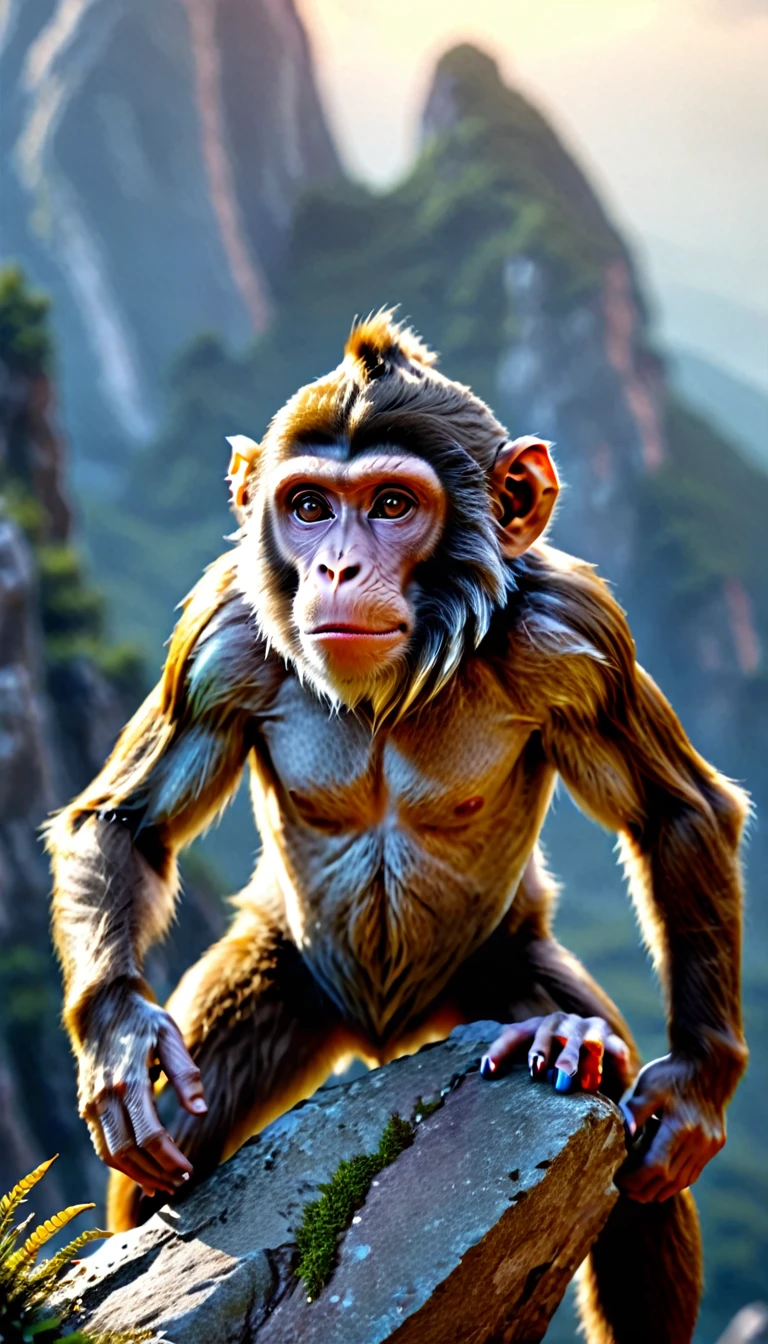 There is a wild beast on the mountain，It looks like a monkey but has four ears.(best quality，4K，8K，High level，masterpiece：1.2），Ultra Detailed，（lifelike，Photo real，Photo real：1.37），Highly detailed animals，Realistic lighting，Fantasy Creatures