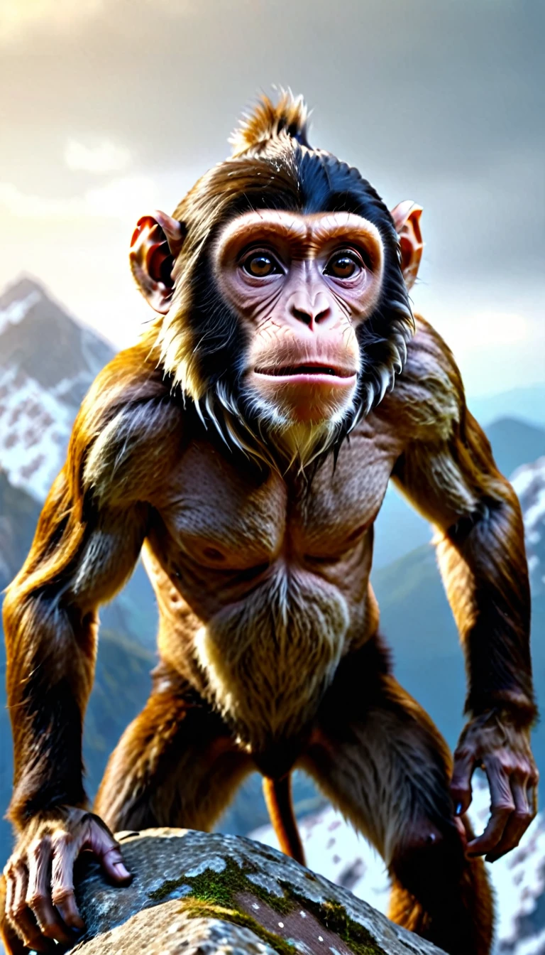 There is a wild beast on the mountain,It looks like a monkey but has four ears.(best quality,4K,8K,High level,masterpiece:1.2),Ultra Detailed,(lifelike,Photo real,Photo real:1.37),Highly detailed animals,Realistic lighting,Fantasy Creatures
