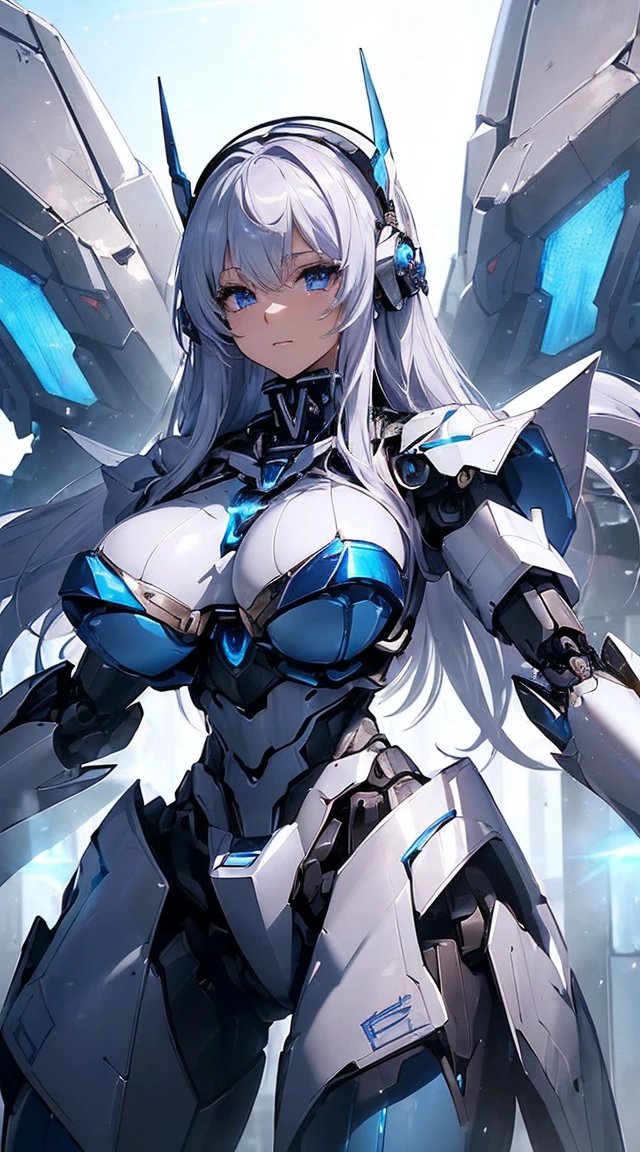 ((Intense action pose:1.6))、((Shining lenses on both breasts:1.3))、((Blue pillars of light are emanating from both chests.:1.3))、smile、((8K)), ((32k)), ((Highest quality)), ((masterpiece)), ((超A high resolution)), ((Tmasterpiece)), ((Halation:1.4))、((Mechaニカルheadgear:1.2))、((Cyber Headphones:1.3))、Fine skin, High quality fabric, Fine metal texture、((Beautiful and dense face))、RAW Photos、Professional, Ultra-fine painting, ((alone)), Beautiful breasts、Highest quality, Very detailed, Very detailed詳細, Finer details, so beautiful, ((Princess Knight Robot:1.2)),  (Joints of machines, Mechanical Limbs:1.3), (The internal structure of the machine is exposed:1.3), (Long silver hair:1.1), (Beautiful and huge mechanical breasts)、White Veil, cowboy_shot, Side Focus, headgear, Shiny、(Five Fingers, Four fingers and thumb),Concept Art, Anime fantasy artwork, Detailed fantasy art, (with pale blue-violet hair and large white wings,,,,,,,), (((Long silver hair))), (Mecha:1.6)、Sleek and intimidating design, ((Commander-in-Chief&#39;arm)), (Perfect robot body)、純白と青紫armまたは, Symmetrical wings, 8K high quality, detailed art, 3D rendering of character art in 8K, neat legs, Defined, Defined fingers,