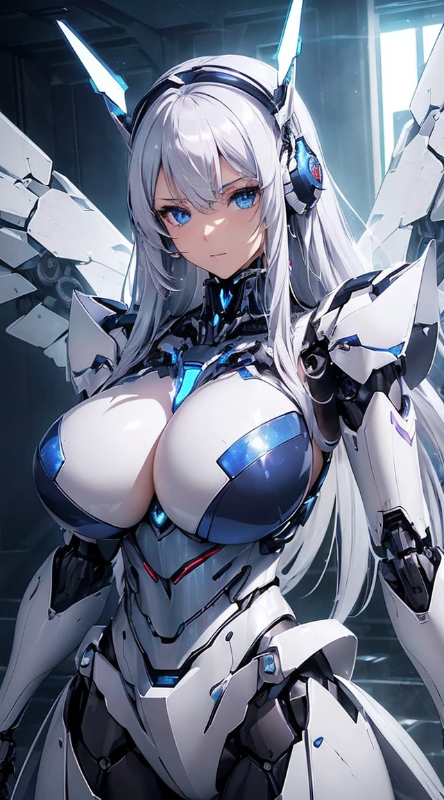 ((Intense action pose:1.6))、((Shining lenses on both breasts:1.3))、((Blue pillars of light are emanating from both chests.:1.3))、smile、((8K)), ((32k)), ((Highest quality)), ((masterpiece)), ((超A high resolution)), ((Tmasterpiece)), ((Halation:1.4))、((Mechaニカルheadgear:1.2))、((Cyber Headphones:1.3))、Fine skin, High quality fabric, Fine metal texture、((Beautiful and dense face))、RAW Photos、Professional, Ultra-fine painting, ((alone)), Beautiful breasts、Highest quality, Very detailed, Very detailed詳細, Finer details, so beautiful, ((Princess Knight Robot:1.2)), (Joints of machines, Mechanical Limbs:1.3), (The internal structure of the machine is exposed:1.3), (Long silver hair:1.1), (Beautiful and huge mechanical breasts)、White Veil, cowboy_shot, Side Focus, headgear, Shiny、(Five Fingers, Four fingers and thumb),Concept Art, Anime fantasy artwork, Detailed fantasy art, (with pale blue-violet hair and large white wings,,,,,,,), (((Long silver hair))), (Mecha:1.6)、Sleek and intimidating design, ((Commander-in-Chief'arm)), (Perfect robot body)、純白と青紫armまたは, Symmetrical wings, 8K high quality, detailed art, 3D rendering of character art in 8K, neat legs, Defined, Defined fingers,