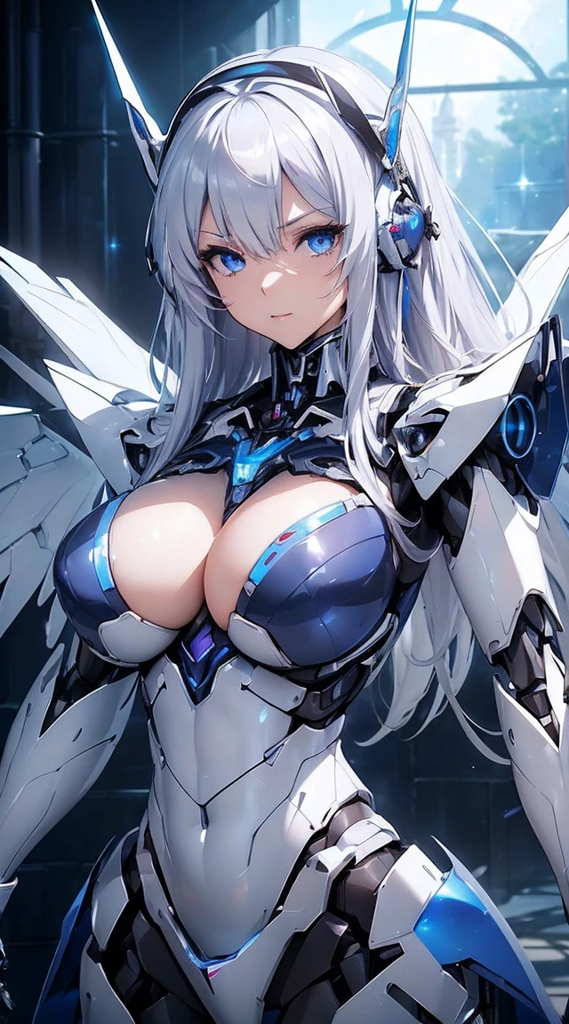 ((Intense action pose:1.6))、((Shining lenses on both breasts:1.3))、((Blue pillars of light are emanating from both chests.:1.3))、smile、((8K)), ((32k)), ((Highest quality)), ((masterpiece)), ((超A high resolution)), ((Tmasterpiece)), ((Halation:1.4))、((Mechaニカルheadgear:1.2))、((Cyber Headphones:1.3))、Fine skin, High quality fabric, Fine metal texture、((Beautiful and dense face))、RAW Photos、Professional, Ultra-fine painting, ((alone)), Beautiful breasts、Highest quality, Very detailed, Very detailed詳細, Finer details, so beautiful, ((Princess Knight Robot:1.2)),  (Joints of machines, Mechanical Limbs:1.3), (The internal structure of the machine is exposed:1.3), (Long silver hair:1.1), (Beautiful and huge mechanical breasts)、White Veil, cowboy_shot, Side Focus, headgear, Shiny、(Five Fingers, Four fingers and thumb),Concept Art, Anime fantasy artwork, Detailed fantasy art, (with pale blue-violet hair and large white wings,,,,,,,), (((Long silver hair))), (Mecha:1.6)、Sleek and intimidating design, ((Commander-in-Chief&#39;arm)), (Perfect robot body)、純白と青紫armまたは, Symmetrical wings, 8K high quality, detailed art, 3D rendering of character art in 8K, neat legs, Defined, Defined fingers,