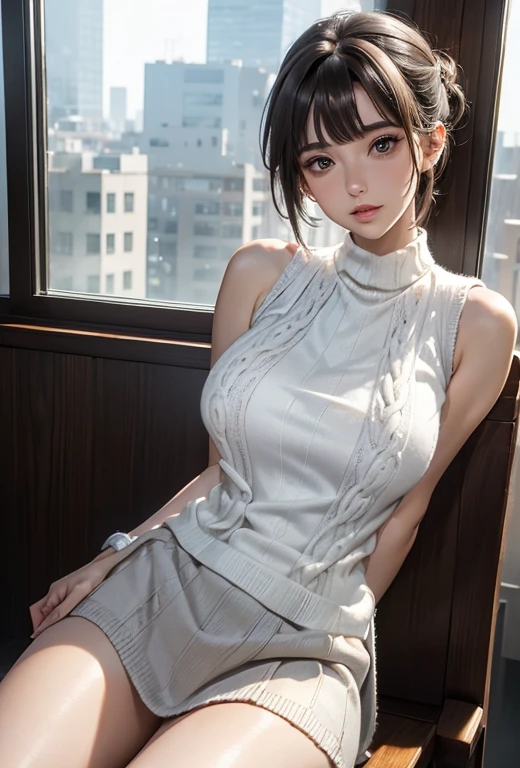 ( masterpiece, precise, Anatomically_correct, Texture_skin, excellent_detail, the best_quality, 1080P, HD, 4K, 8K, 16K), (beautiful_detailed_Eyes, beautiful_detailed_Lips, extremely_detailed_Eyes_and_Face), Soft_light, Physically based_Rendering, vivid_color, (Large target_breast:1.5), (short hair_thin braids_Bun hairstyle), (shining_hair, shining_skin, Face红), (Bangs:1.5), Eye_reflection, (Bokeh), 微lol_and_lol, (sleeveless_long sweater_knitting:1.5) ,stockings,(sit on the chair,Spread your legs:1.3),Underwear can be seen from inside the skirt,B can be seen from inside the skirt。