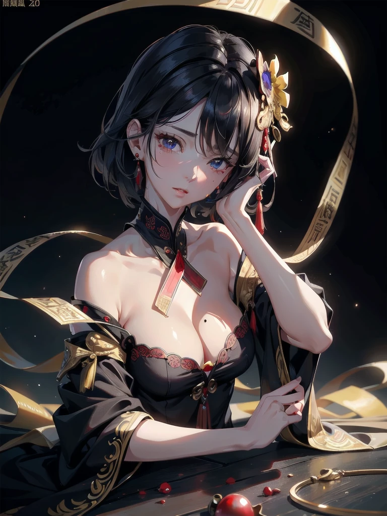 absurdres, RAW photo, extremely delicate and beautiful, masterpiece, Best Quality, ultra high resolution, 32k, hyperrealistic, ultra-detailed, in her 20s, delicate facial features, tearful mole, earring, medium breasts, full body shot, shorter middle hair, black hair, jiangshi, Spells with red letters on yellow,