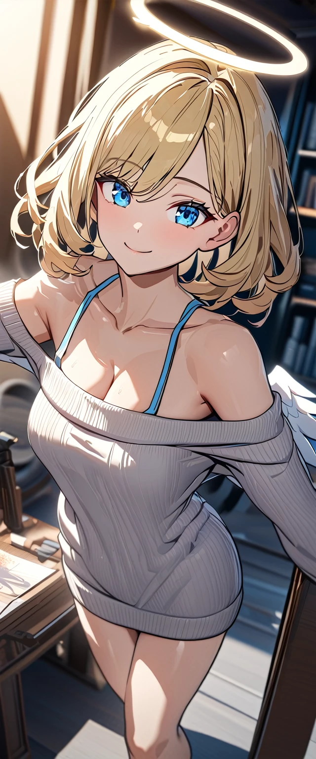 ((angel, big big white wings:1.3, halo:1.3)), ((sea, beach)), (((spread arms))), (((cowboy shot))), ((flying)), archangel Uriel, ((wavy hair, outward curled hair)), evening, Sunset, ((blond hair, bob cut:1.3)), breasts, ager, (looking at viewer), oversized clothes, puffy long sleeves, collarbone, ((off-shoulder sweater:1.3, Quite thick shoulder straps)), ((white sweater)), collarbone, head tilt:1.3, (((blue eyes))), ((happy smile)), (((anime style))), (best quality, 4K, 8K, highres, masterpiece:1.2, ultra-detailed, ultra-detailed eyes, HDR, uhd, studio lighting, ultra-fine painting, sharp focus, physically-based rendering, extreme detail description, professional, vivid colors, bokeh)