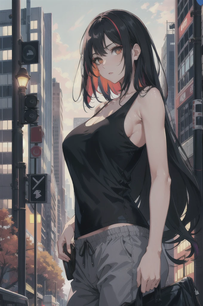 highres, highest quallity, illustration,  ultra detailed, (detailed face), (detailed eyes), soft lighting, best quality, hazy glow, dreamy atmosphere, hyper detailed, masterpiece, 1girl, solo,black long hair, black eyes with red eye shadow, white tanktop, luminous eyes, large breasts, (colorful), black short pants, from below, outdoors, morning, clouds, tall buildings in background, industrial, public transportation, urban, concrete buildings, concrete, sidewalk, busy, trees, autumn, falling leaves,