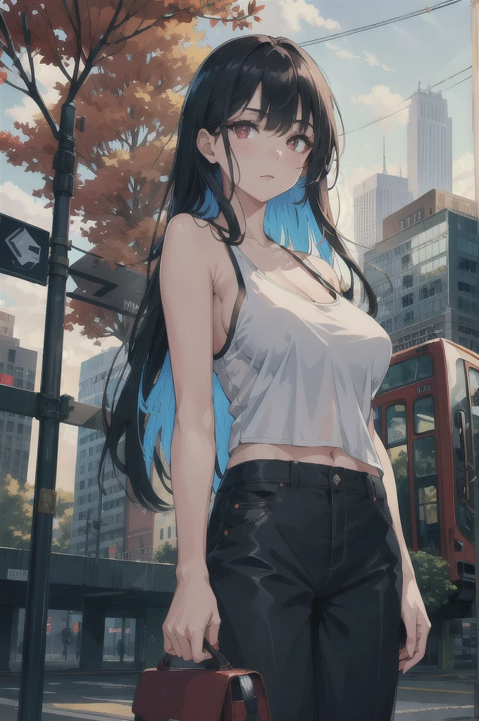 highres, highest quallity, illustration, ultra detailed, (detailed face), (detailed eyes), soft lighting, best quality, hazy glow, dreamy atmosphere, hyper detailed, masterpiece, 1girl, solo,black long hair, black eyes with red eye shadow, white tanktop, luminous eyes, large breasts, (colorful), black short pants, from below, outdoors, morning, clouds, tall buildings in background, industrial, public transportation, urban, concrete buildings, concrete, sidewalk, busy, trees, autumn, falling leaves,