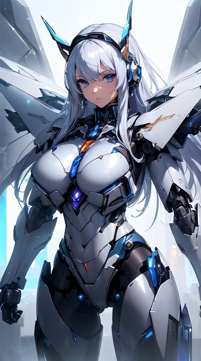 ((Intense action pose:1.6))、((Shining lenses on both breasts:1.3))、((Blue pillars of light are emanating from both chests.:1.3))、smile、((8K)), ((32k)), ((Highest quality)), ((masterpiece)), ((超A high resolution)), ((Tmasterpiece)), ((Halation:1.4))、((Mechaニカルheadgear:1.2))、((Cyber Headphones:1.3))、Fine skin, High quality fabric, Fine metal texture、((Beautiful and dense face))、RAW Photos、Professional, Ultra-fine painting, ((alone)), Beautiful breasts、Highest quality, Very detailed, Very detailed詳細, Finer details, so beautiful, ((Princess Knight Robot:1.2)),  (Joints of machines, Mechanical Limbs:1.3), (The internal structure of the machine is exposed:1.3), (Long silver hair:1.1), (Beautiful and huge mechanical breasts)、White Veil, cowboy_shot, Side Focus, headgear, Shiny、(Five Fingers, Four fingers and thumb),Concept Art, Anime fantasy artwork, Detailed fantasy art, (with pale blue-violet hair and large white wings,,,,,,,), (((Long silver hair))), (Mecha:1.6)、Sleek and intimidating design, ((Commander-in-Chief&#39;arm)), (Perfect robot body)、純白と青紫armまたは, Symmetrical wings, 8K high quality, detailed art, 3D rendering of character art in 8K, neat legs, Defined, Defined fingers,