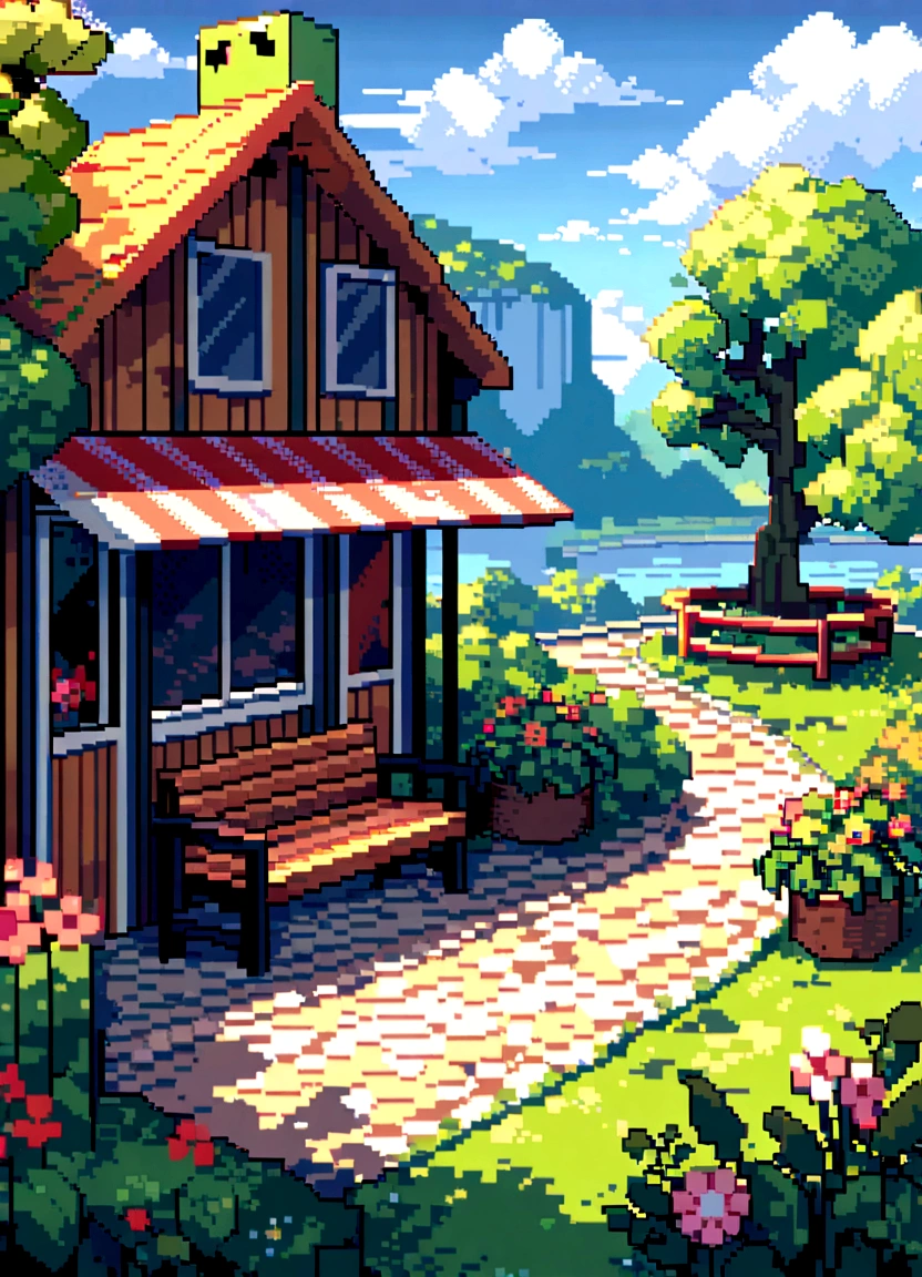 Pixel art sky. morning. cloud,3d Pixel art 4k обои. Highly detailed pixel graphics. Pixel art. Unreal Engine Detailed Pixel Graphics((masterpiece))street, wood, Light of the sun, Home, bench,nature, shop, flower bed, Flowers, green, Creeper,