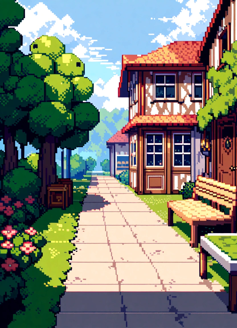 Pixel art sky. morning. cloud,3d Pixel art 4k обои. Highly detailed pixel graphics. Pixel art. Unreal Engine Detailed Pixel Graphics((masterpiece))street, wood, Light of the sun, Home, bench,nature, shop, flower bed, Flowers, green, Creeper,