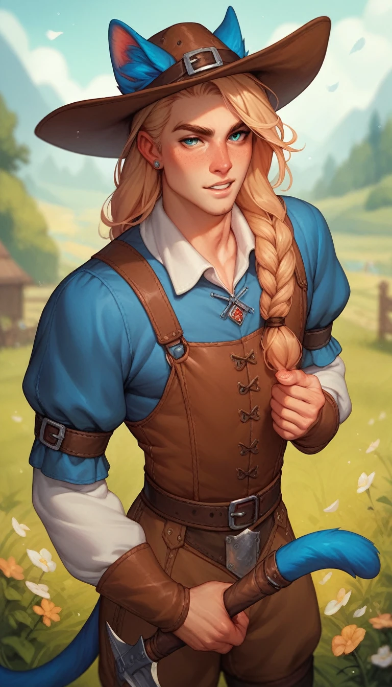 man a male ager with a cat's tail and blue ears and a feminine and delicate build with long hair covering his ears in medieval clothing of a fantasy miner