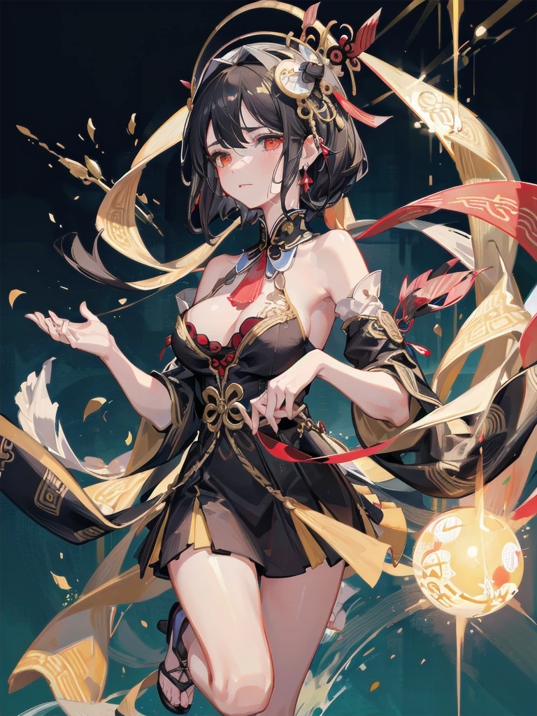 absurdres, RAW photo, extremely delicate and beautiful, masterpiece, Best Quality, ultra high resolution, 32k, hyperrealistic, ultra-detailed, in her 20s, delicate facial features, tearful mole, earring, medium breasts, full body shot, shorter middle hair, black hair, jiangshi, Spells with red letters on yellow,