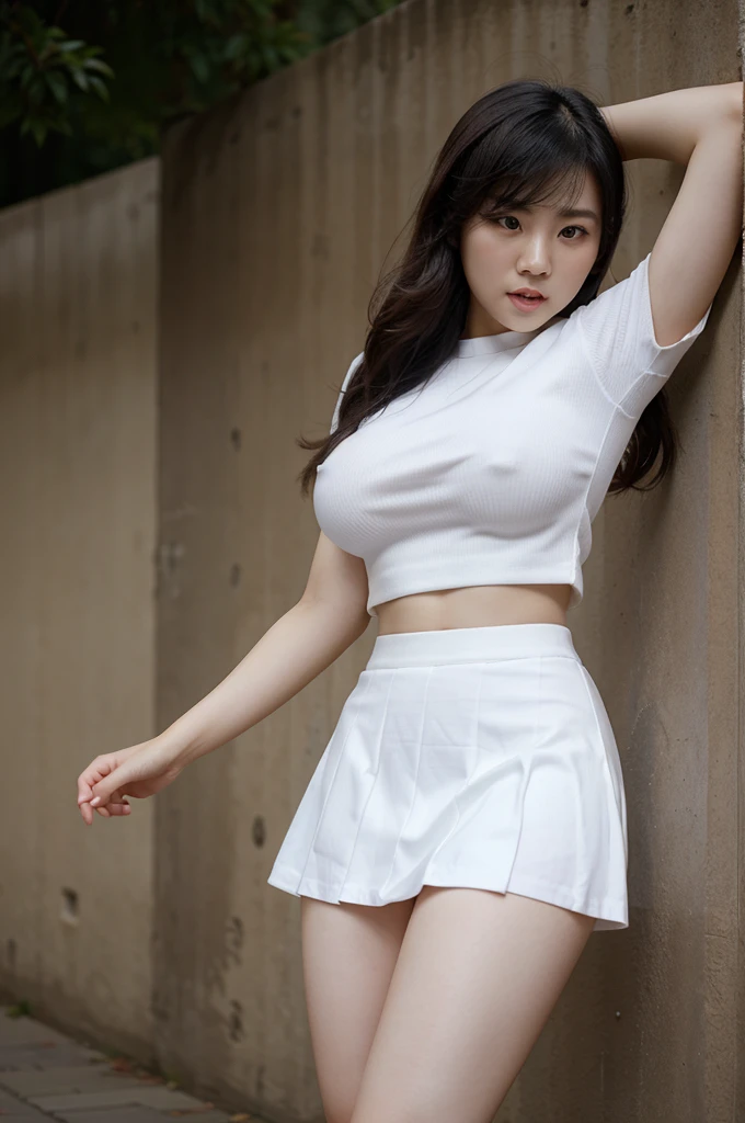30 year old Chinese girl, big breasts, pure white skin, Wearing a mini skirt, skirt blowing in the wind