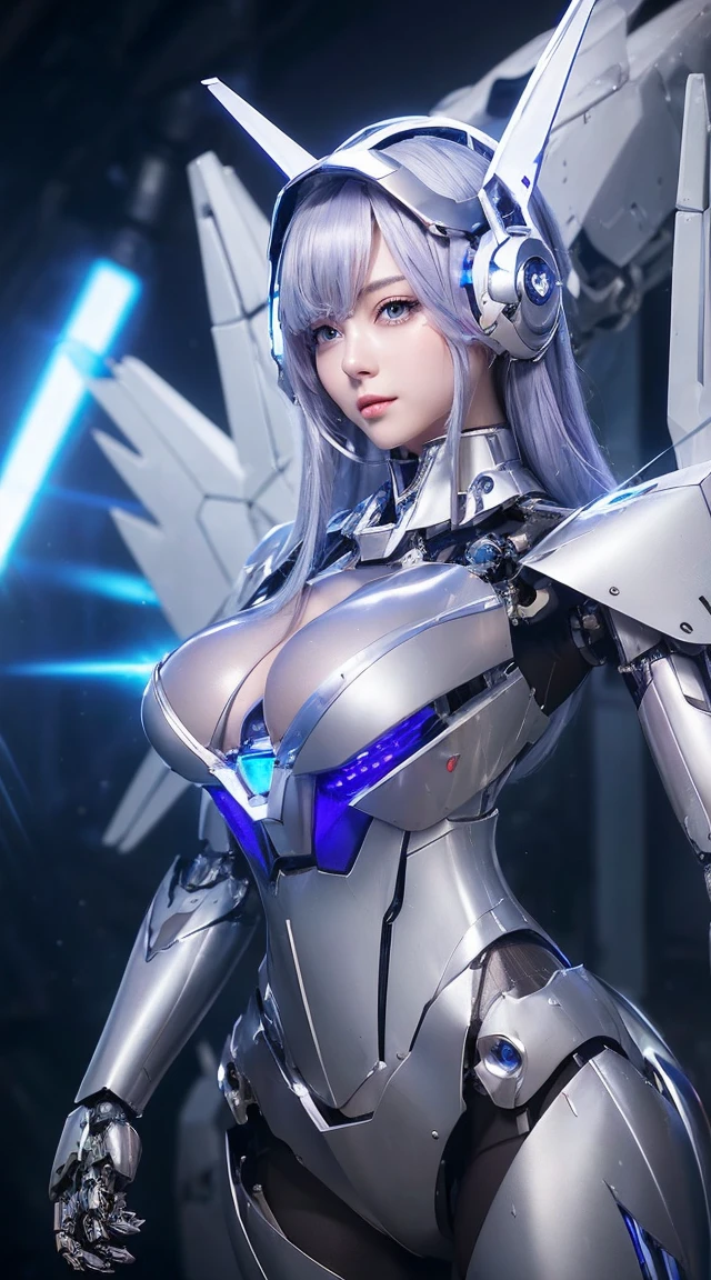 ((Intense action pose:1.6))、((Shining lenses on both breasts:1.3))、((Blue pillars of light are emanating from both chests.:1.3))、smile、((8K)), ((32k)), ((Highest quality)), ((masterpiece)), ((超A high resolution)), ((Tmasterpiece)), ((Halation:1.4))、((Mechaニカルheadgear:1.2))、((Cyber Headphones:1.3))、Fine skin, High quality fabric, Fine metal texture、((Beautiful and dense face))、RAW Photos、Professional, Ultra-fine painting, ((alone)), Beautiful breasts、Highest quality, Very detailed, Very detailed詳細, Finer details, so beautiful, ((Princess Knight Robot:1.2)),  (Joints of machines, Mechanical Limbs:1.3), (The internal structure of the machine is exposed:1.3), (Long silver hair:1.1), (Beautiful and huge mechanical breasts)、White Veil, cowboy_shot, Side Focus, headgear, Shiny、(Five Fingers, Four fingers and thumb),Concept Art, Anime fantasy artwork, Detailed fantasy art, (with pale blue-violet hair and large white wings,,,,,,,), (((Long silver hair))), (Mecha:1.6)、Sleek and intimidating design, ((Commander-in-Chief&#39;arm)), (Perfect robot body)、純白と青紫armまたは, Symmetrical wings, 8K high quality, detailed art, 3D rendering of character art in 8K, neat legs, Defined, Defined fingers,