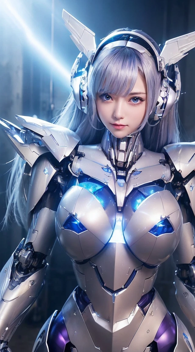 ((Intense action pose:1.6))、((Shining lenses on both breasts:1.3))、((Blue pillars of light are emanating from both chests.:1.3))、smile、((8K)), ((32k)), ((Highest quality)), ((masterpiece)), ((超A high resolution)), ((Tmasterpiece)), ((Halation:1.4))、((Mechaニカルheadgear:1.2))、((Cyber Headphones:1.3))、Fine skin, High quality fabric, Fine metal texture、((Beautiful and dense face))、RAW Photos、Professional, Ultra-fine painting, ((alone)), Beautiful breasts、Highest quality, Very detailed, Very detailed詳細, Finer details, so beautiful, ((Princess Knight Robot:1.2)),  (Joints of machines, Mechanical Limbs:1.3), (The internal structure of the machine is exposed:1.3), (Long silver hair:1.1), (Beautiful and huge mechanical breasts)、White Veil, cowboy_shot, Side Focus, headgear, Shiny、(Five Fingers, Four fingers and thumb),Concept Art, Anime fantasy artwork, Detailed fantasy art, (with pale blue-violet hair and large white wings,,,,,,,), (((Long silver hair))), (Mecha:1.6)、Sleek and intimidating design, ((Commander-in-Chief&#39;arm)), (Perfect robot body)、純白と青紫armまたは, Symmetrical wings, 8K high quality, detailed art, 3D rendering of character art in 8K, neat legs, Defined, Defined fingers,