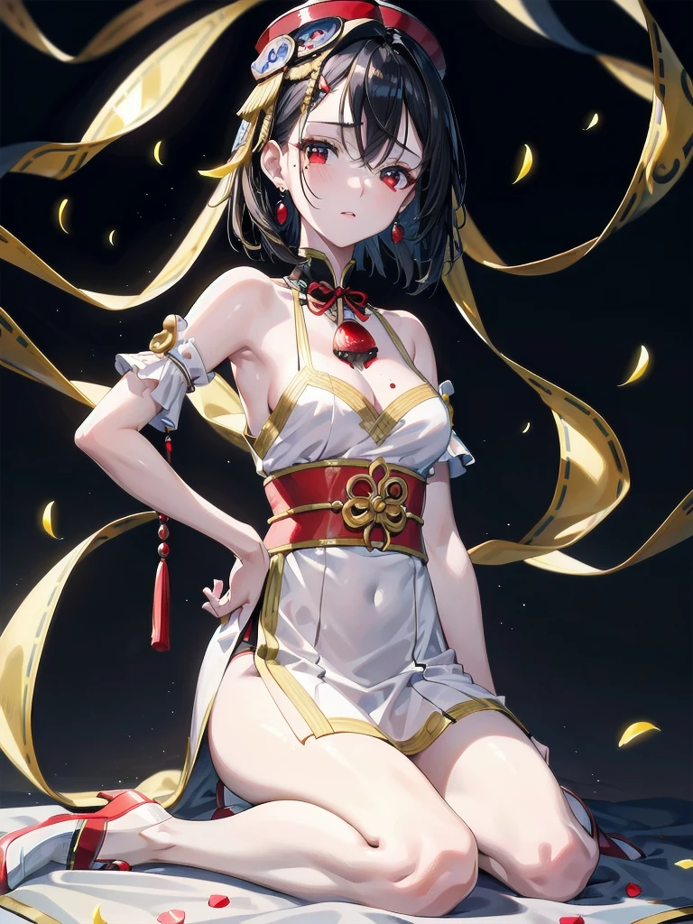 absurdres, RAW photo, extremely delicate and beautiful, masterpiece, Best Quality, ultra high resolution, 32k, hyperrealistic, ultra-detailed, in her 20s, delicate facial features, tearful mole, earring, medium breasts, full body shot, shorter middle hair, black hair, jiangshi, Spells with red letters on yellow,