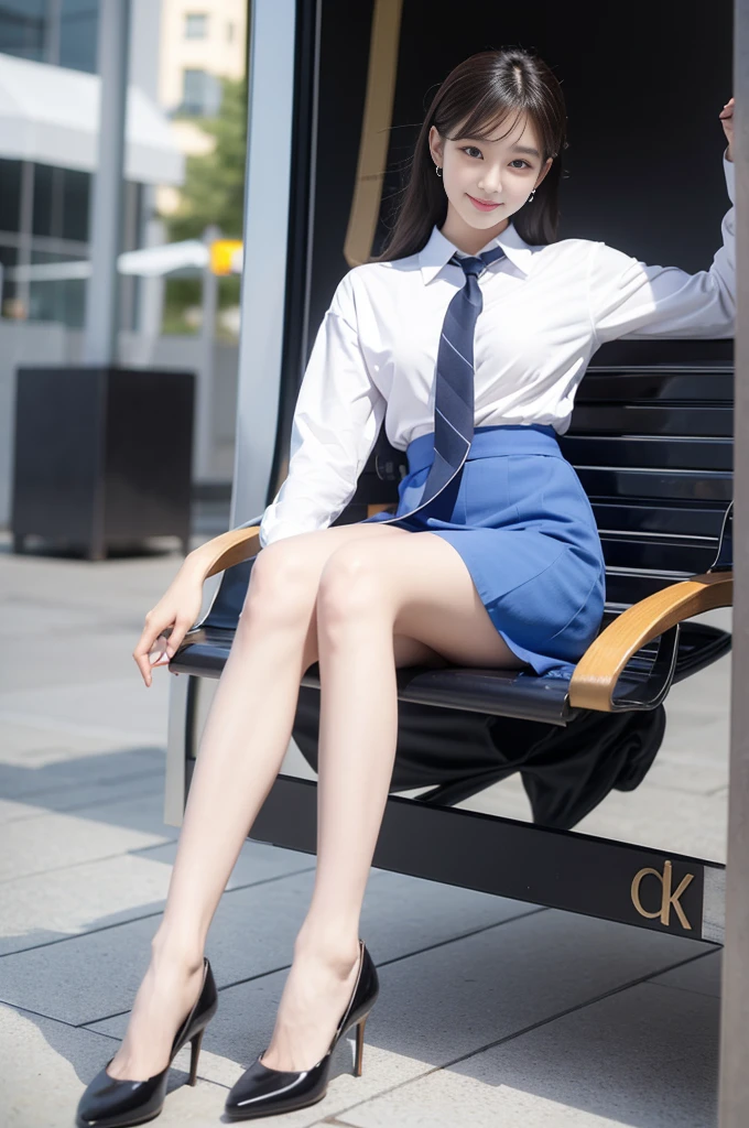 Highest quality、8K、Best image quality、Award-winning works、Korean、(2 girl :1.5)、solo、Beautiful skin with a radiant glow、masterpiece、Top quality、Ultra-high definition、Depth of Field、Lens flare、、black hair、Gaze at the audience、Medium chest、Airline stewardess、(blue Airline stewardess:1.3)、shirt、Short ivory skirt、(Black YSL heels)、Perfect legs、Model pose、Smile。