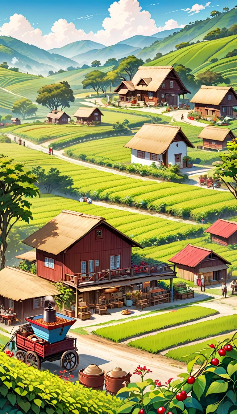 Create a colorful illustration that captures the essence of a coffee farm. The image should show a bucolic landscape, with gentle hills and lush green coffee fields under a clear blue sky. In the foreground include a small coffee plantation with bushes loaded with ripe red cherries. Add some farm workers harvesting the coffee beans, dressed in traditional clothes and straw hats, conveying a feeling of dedication and hard work. In the background, place a rustic farmhouse made of wood, with a porch covered in flowering vines. Don't forget to include details like coffee bags stacked ready to be transported and perhaps a small antique coffee grinder. Use vibrant, warm colors to bring the scene to life and convey the richness and beauty of rural coffee culture.