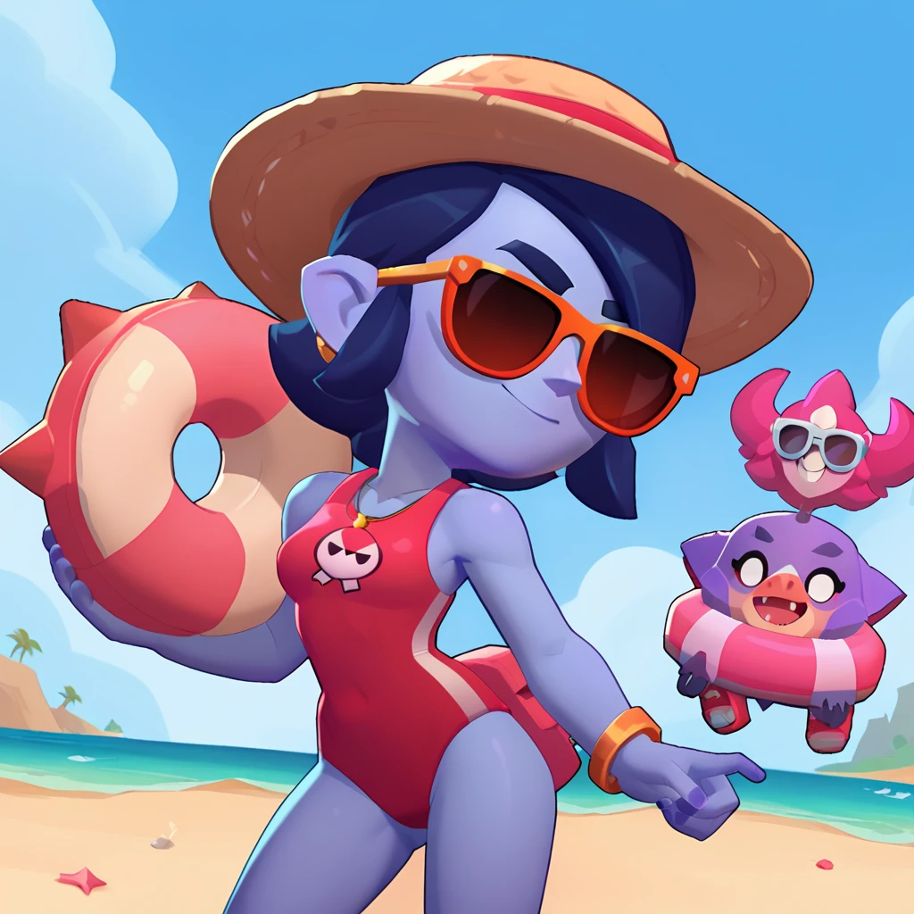 a triceratops dinosaur, blue skin, female, dressed in a red swimsuit and sunglasses, with a pink and white buoy, brawl, brawl stars