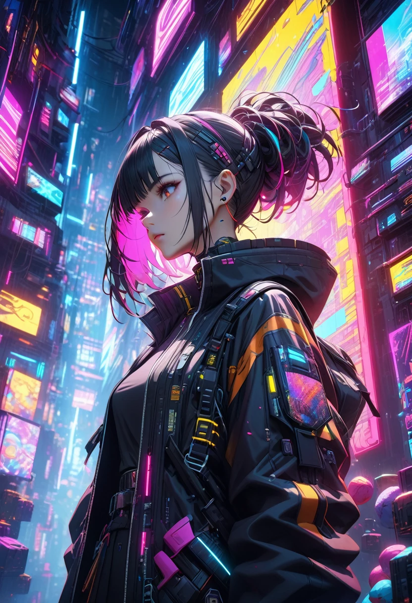A girl in a colorful cyber space, detailed cyberpunk girl, wearing cyberpunk outfit, cyberpunk hairstyle, lots of floating sweets in cyberspace, neon lights, glowing cyberspace, surreal cyberscape, psychedelic colors, dramatic lighting, cinematic composition, (best quality,4k,8k,highres,masterpiece:1.2)