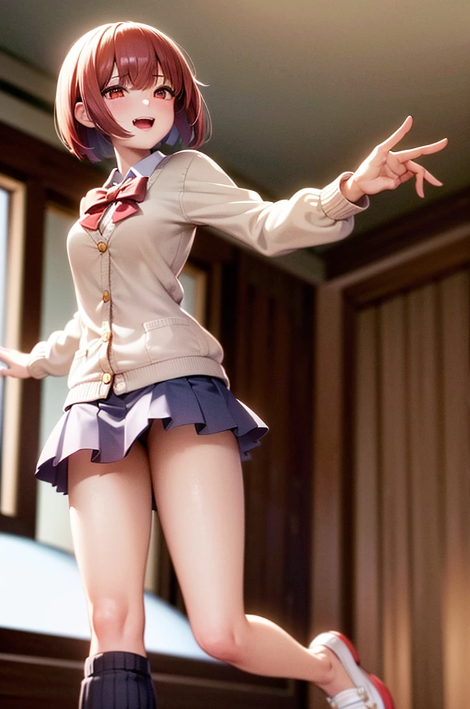 (The ultimate masterpiece), (Ultra HD), (Ultra-fine), High resolution, Ultimate beauty, High chroma, vivid, (pretty girl), heart, Thighs, (loafers), (cardigan), (skirt), Super Smile, Mouth open, Red hair,ショートBob,(Bob),Red Eyes ,Small breasts, (Standing pose, Dynamic Pose), Indoor Background